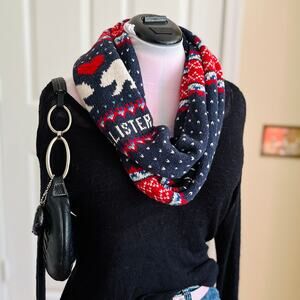 Hollister | Navy Blue + Red Fair Isle Knit Infinity Scarf | Polar Bear Graphic